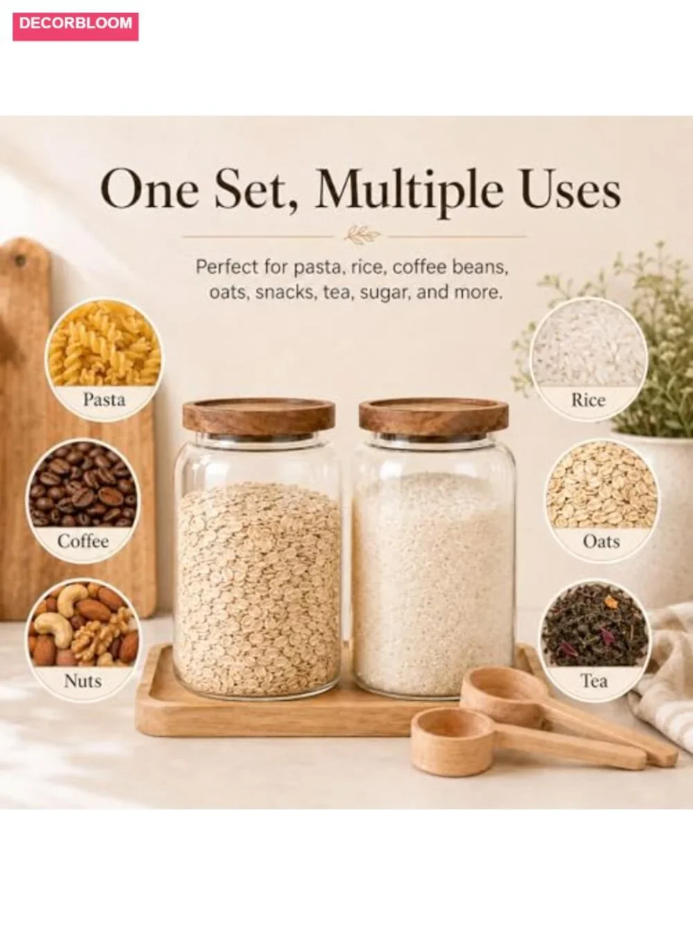 Large Glass Jars with Airtight Wood Lid and Spoon Food Canisters Set of 2